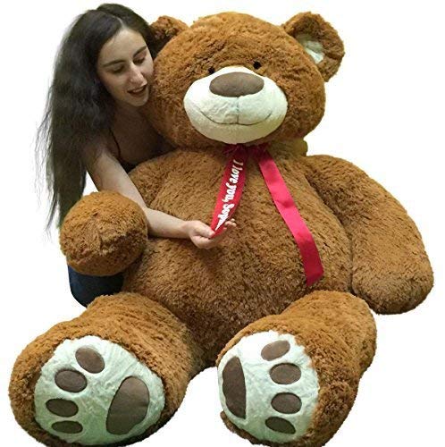 Custom Personalized 5 Foot Very Big Smiling Teddy Bear Five Feet Tall - Your Name or Message Imprinted on Bear's Neck Ribbon Bow - Cookie Dough Brown Color with Bigfoot Paws Giant Stuffed Animal Bear