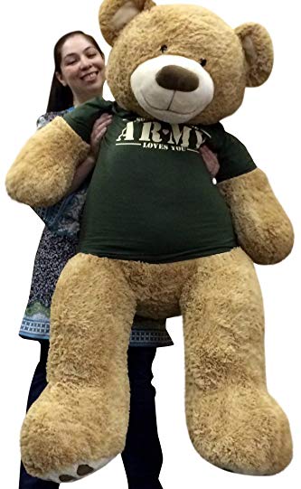 Giant 5 Foot Romantic Teddy Bear Wearing Tshirt That Says SOMEBODY IN THE ARMY LOVES YOU Big Military Teddy Bear