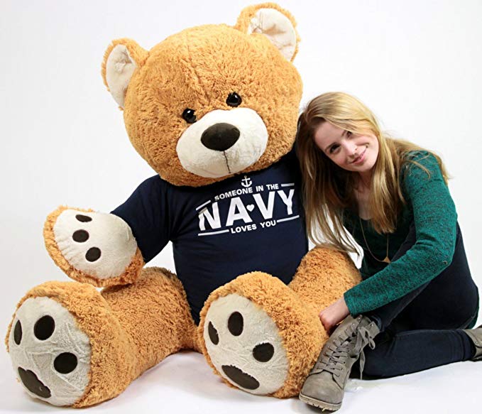 Big Plush United States Navy Giant Teddy Bear Five Feet Tall Honey Brown Color Wears Tshirt That says Someone in The Navy Loves You