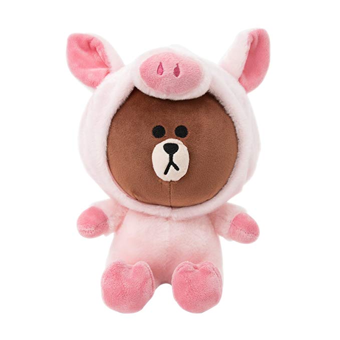 LINE FRIENDS Jungle Brown Piggy Plush Sitting Doll 10 inches Pink