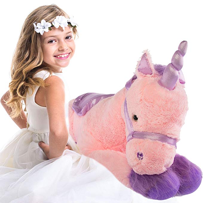 Glitzy 39” Jumbo Plush Pink Unicorn Giant Stuffed Animal Toy with Big Fluffy Purple Fur, Large Cute Toy for Kids