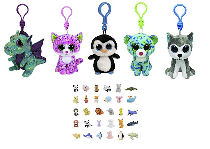 Bundle Set of 5 Clips Key Chain Plush Toys Pink Cat, Green Dragon, Green Blue Leopard, Penguin, and Husky with Bonus One Animal Puzzle Eraser by ReBL LLC