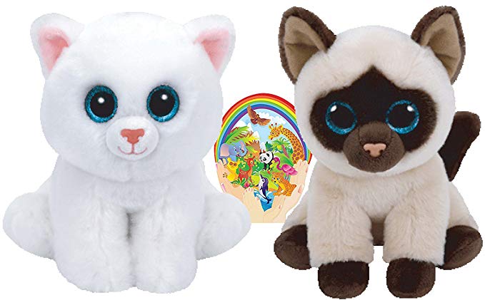 Ty Beanie Babies Cats White PEARL and Siamese JADEN Gift set of 2 Plush Toys 6-8 inches tall with Bonus Animals Sticker