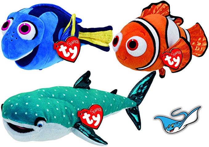 Ty Beanie Babies Finding Dory Fish NEMO, DORY, & Shark DESTINY Set of 3 Reg Size Plush Toys and Stingray Bonus Sticker