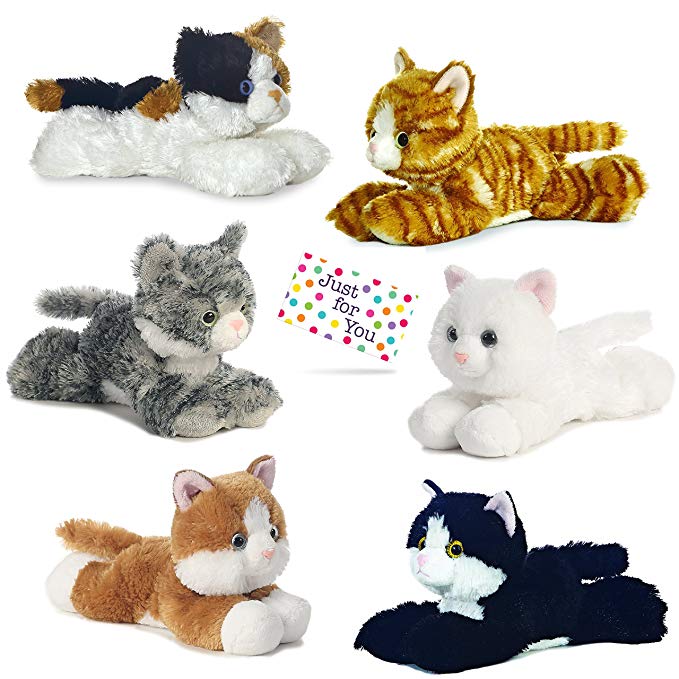 Kitty Cat Plush, Set of 6 Mini Flopsies - Molly, Sugar Too, Maynard, Lily, Esmeralda, Sunshine Tabby with Drawstring Backpack and Gift Tag from J4U Gifts