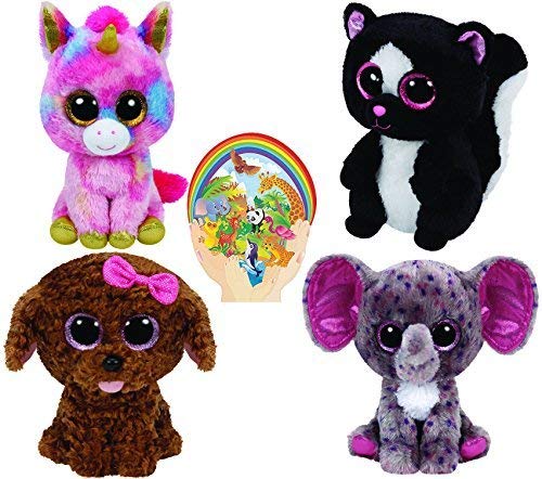 Ty Beanie Boos Fantasia Unicorn, Flora Skunk, Maddie dog, & Specks Elephant Set of 4 Friends and Bonus Animals Sticker