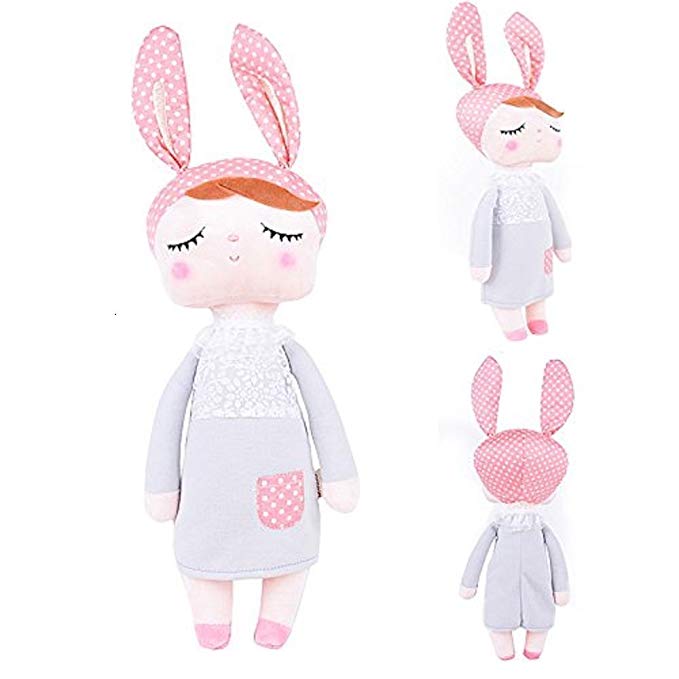 WETONG 13'' Metoo Angela Sleeping Bunny Rabbit Stuffed Plush Dolls Toys for Girls Baby, Pink Ears with Grey Dress