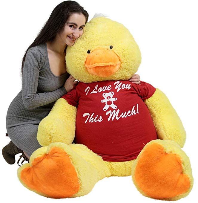 Big Plush Giant Stuffed Duck 48 inches Soft 4 Feet Tall Animal - Wears T-Shirt That Says I Love You This Much