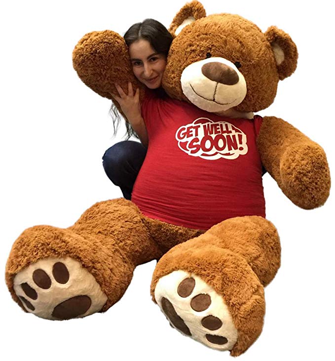 Big Plush 5 Foot Giant Teddy Bear Wearing GET Well Soon T-Shirt 60 inch Soft Cinnamon Brown Color Huge Teddybear