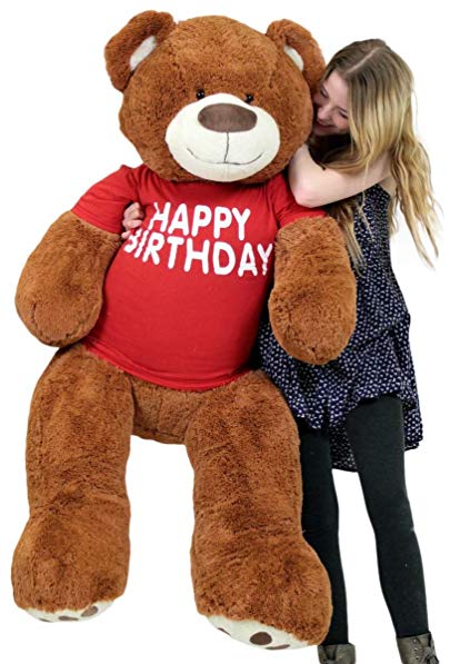 Big Plush Happy Birthday Giant Teddy Bear Five Feet Tall Cinnamon Color Wears T Shirt That Says Happy Birthday