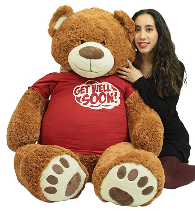 Big Plush Get Well Soon Giant Teddy Bear 5 ft Soft 60 inch, Wears Removable T-Shirt Get Well Soon, Cookie Dough Color