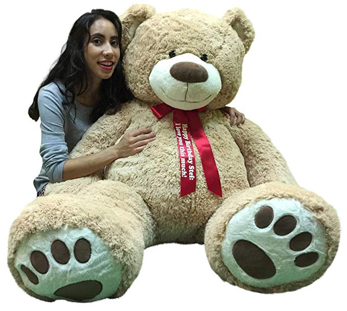 Big Plush Giant Teddy Bear 5 Feet Tall - Custom Personalized Your Name or Message Imprinted on Bear's Neck Ribbon Bow - Tan Color with Bigfoot Paws Giant Stuffed Animal Bear