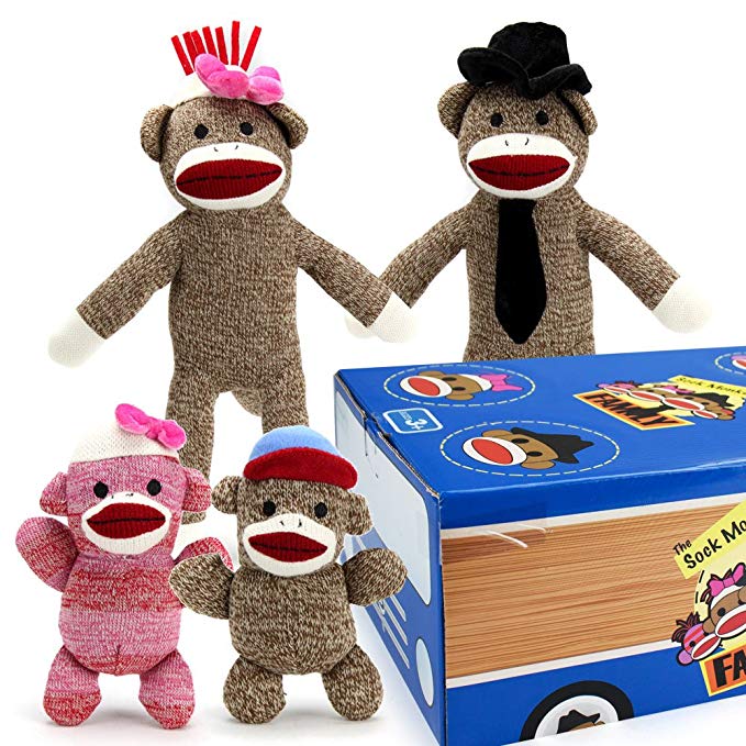 Sock Monkey Family The Woodie Wagon Carrying Case - Includes Mr. Coconuts, Cupcake, Daisy May, Joey- Set of 4 Plush Stuffed Animal Toys