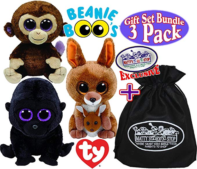 TY Beanie Boos George (Black Gorilla), Coconut (Monkey) & Kipper (Kangaroo) Gift Set Bundle with Bonus 