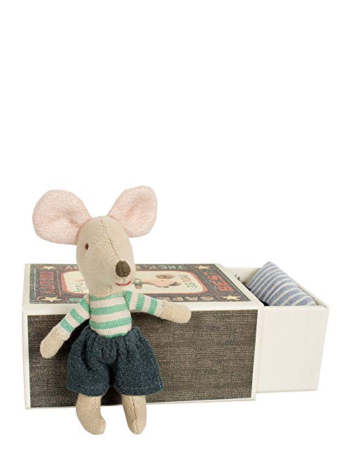 Maileg Little Brother Matchbox Mouse Blue Trousers Stripe Shirt Boxed With Bedding