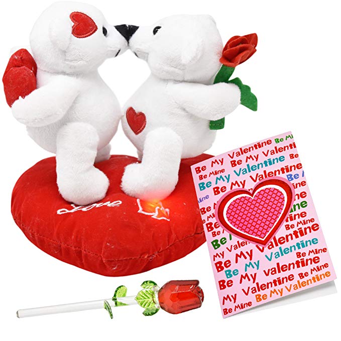 Valentines Day Gifts for Her Girlfriend Women and Wife Plush Valentines Talking Kissing Bears, 5 Inch Forever Glass Rose in Gift Box and Valentines Card