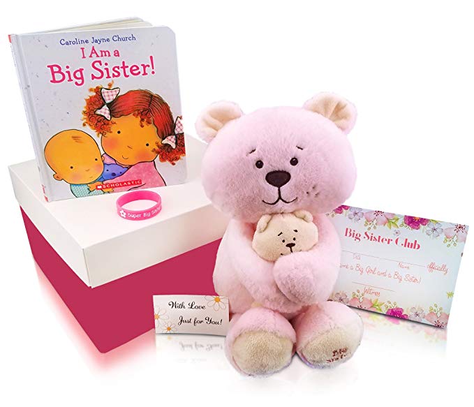 Rebanah Big Sister Gift Set from Baby New Big Sister Gifts for Toddlers Girls-Big Sister Stuffed Animal Plush - I am a Big Sister Book- Silicone Bracelet- Big Sister Club Certificate in Gift Box